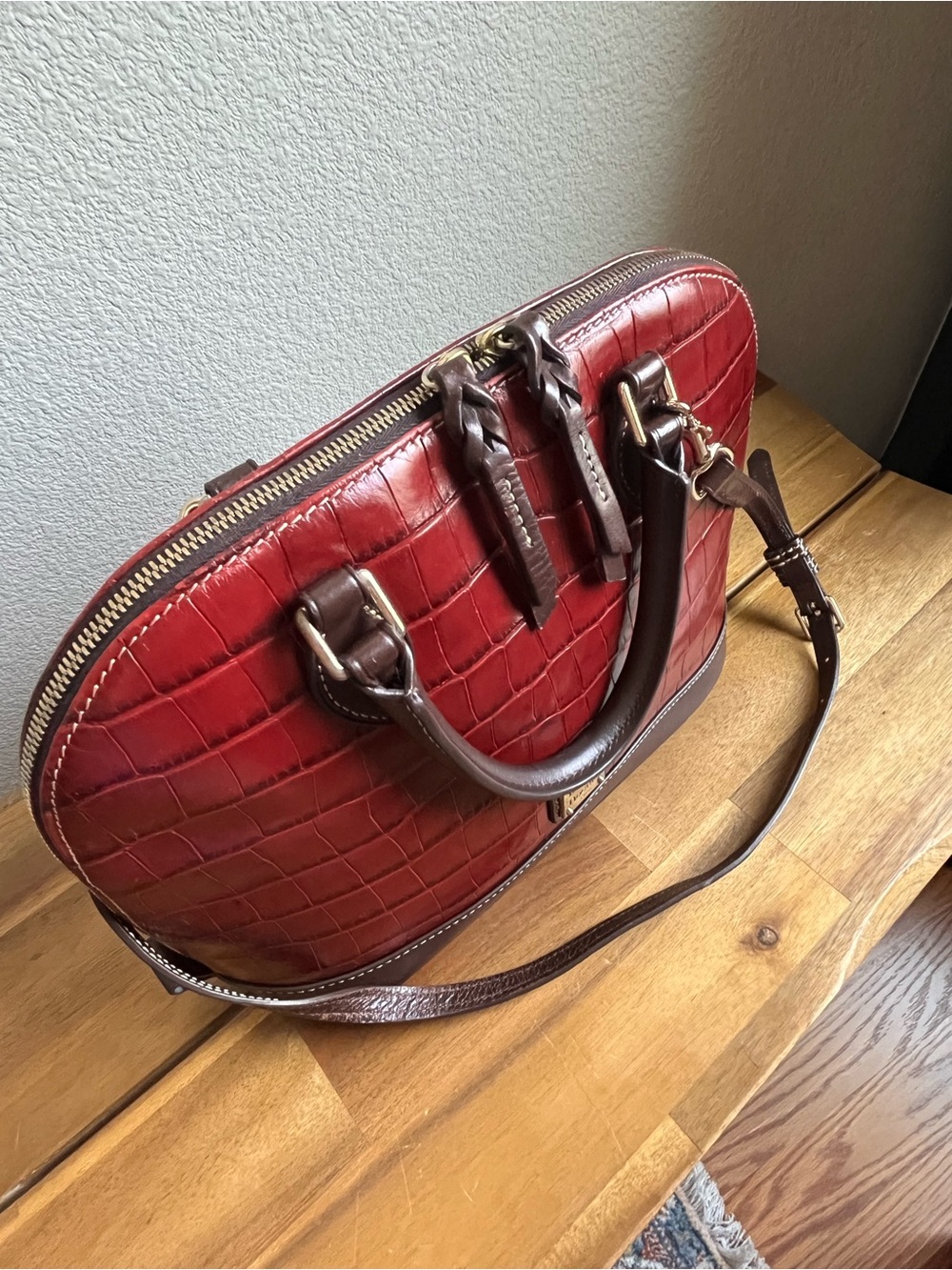 Dooney & Bourke Red Croc-Embossed Satchel with Brown Trim - Picture 4 of 5